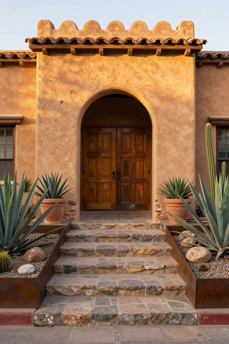 Beige stucco house facade with a large arched wooden double door entry, flanked by terracotta pots of agave plants and stone steps leading up from a walkway, surrounded by desert landscaping including cacti.