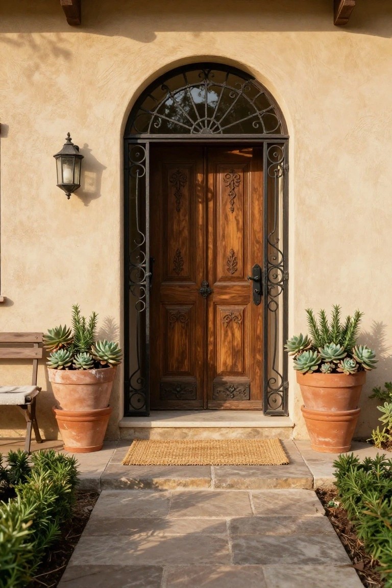 Beige stucco wall with an arched black wrought-iron gate and transom over double carved wooden doors, flanked by two large terracotta pots of succulents, stone steps, and a woven welcome mat leading to the entry.