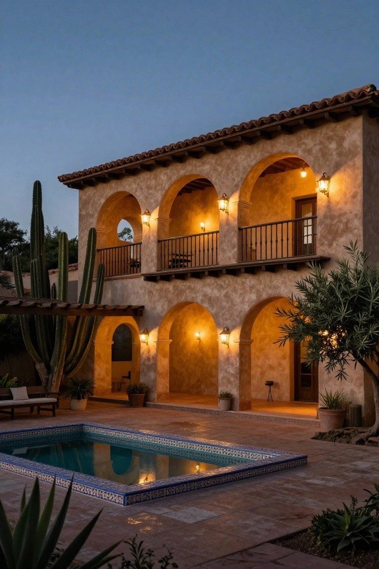 Two-story beige stucco house with Spanish tile roof, multiple rounded arches, black metal balcony, lit wall lanterns, blue-tiled pool, potted plants, cacti, and olive tree in front yard at twilight.