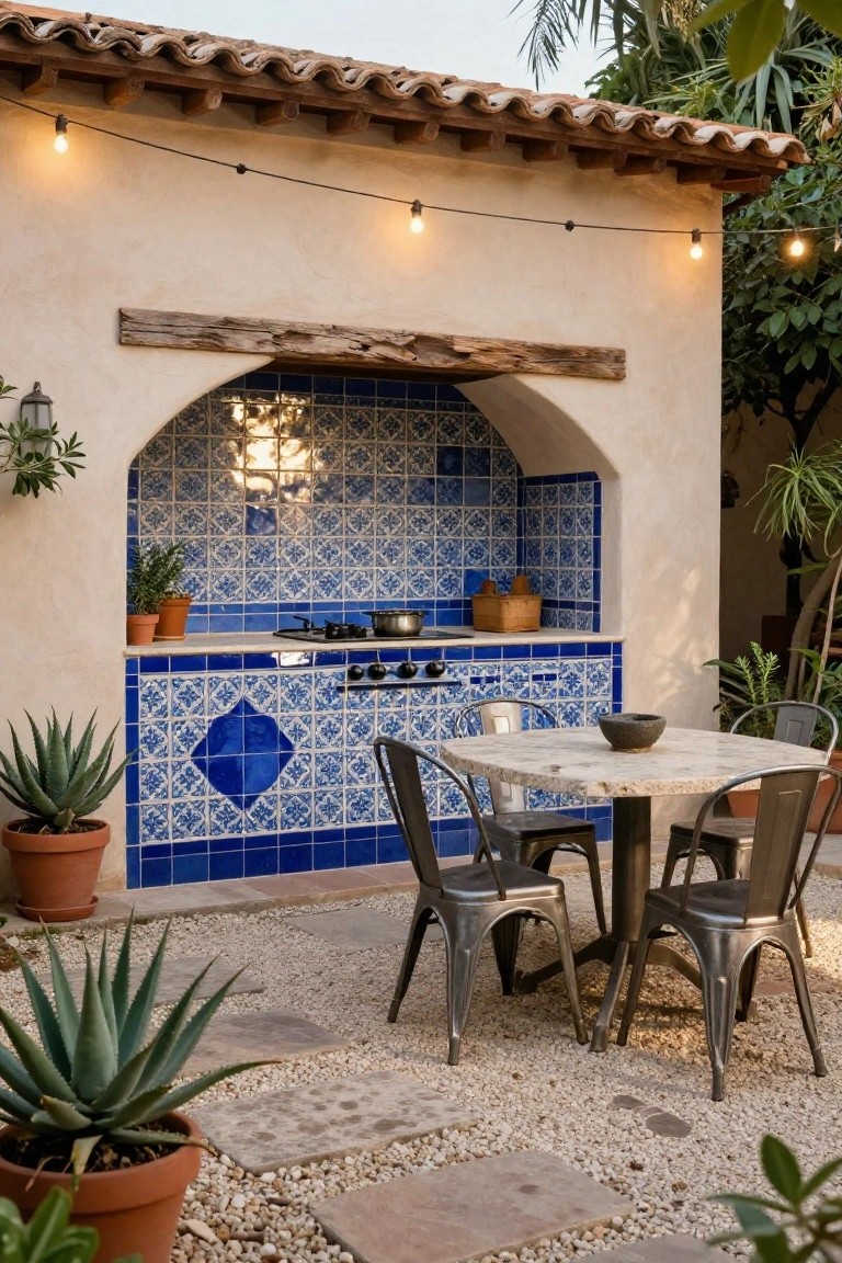 Arched outdoor kitchen niche in beige stucco wall with blue geometric tile backsplash, gas stove, pots, and potted plants, next to round stone table with four metal chairs on gravel patio surrounded by agave plants and string lights.