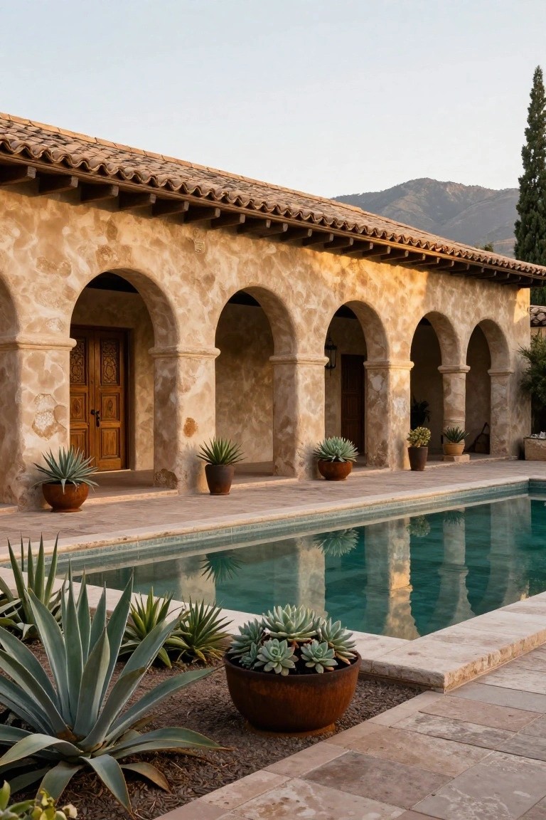 Beige stucco house exterior featuring multiple rounded arches supported by stone columns, carved wooden double doors, terracotta tile roof, and exposed wood beams, with a turquoise pool, potted agave plants, and succulents along the edge at sunset.