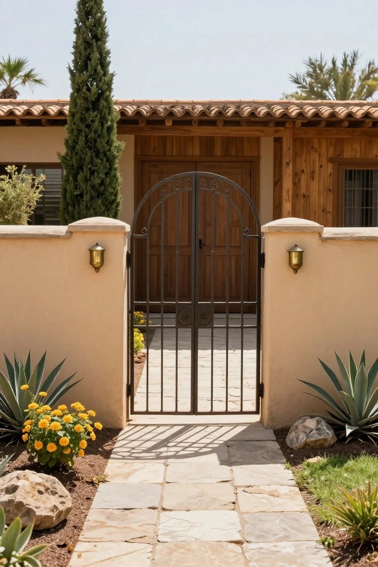 Wrought iron gate opens between stucco walls to wooden doors and stone path.