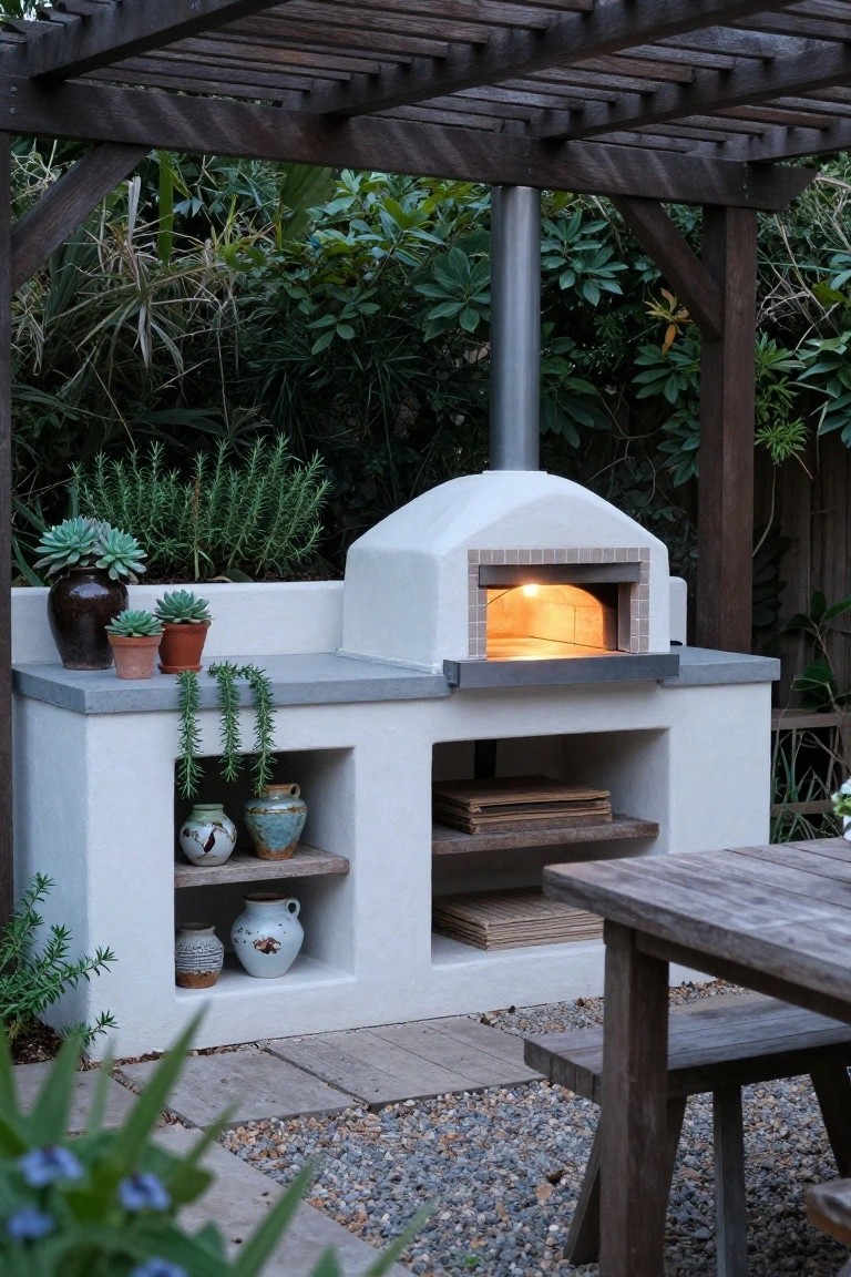 White stucco wood-fired pizza oven built into an outdoor kitchen counter with open shelving and potted succulents, under a wooden pergola near greenery and a wooden table on gravel ground.