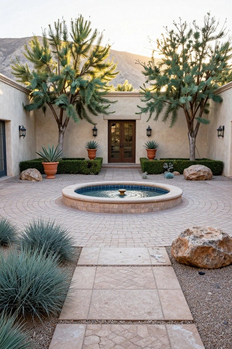 Adobe walls enclose a circular paver courtyard with a central low blue-tiled fountain, flanked by agave plants, boulders, pine trees, and boxwood hedges leading to a wooden double door entrance.