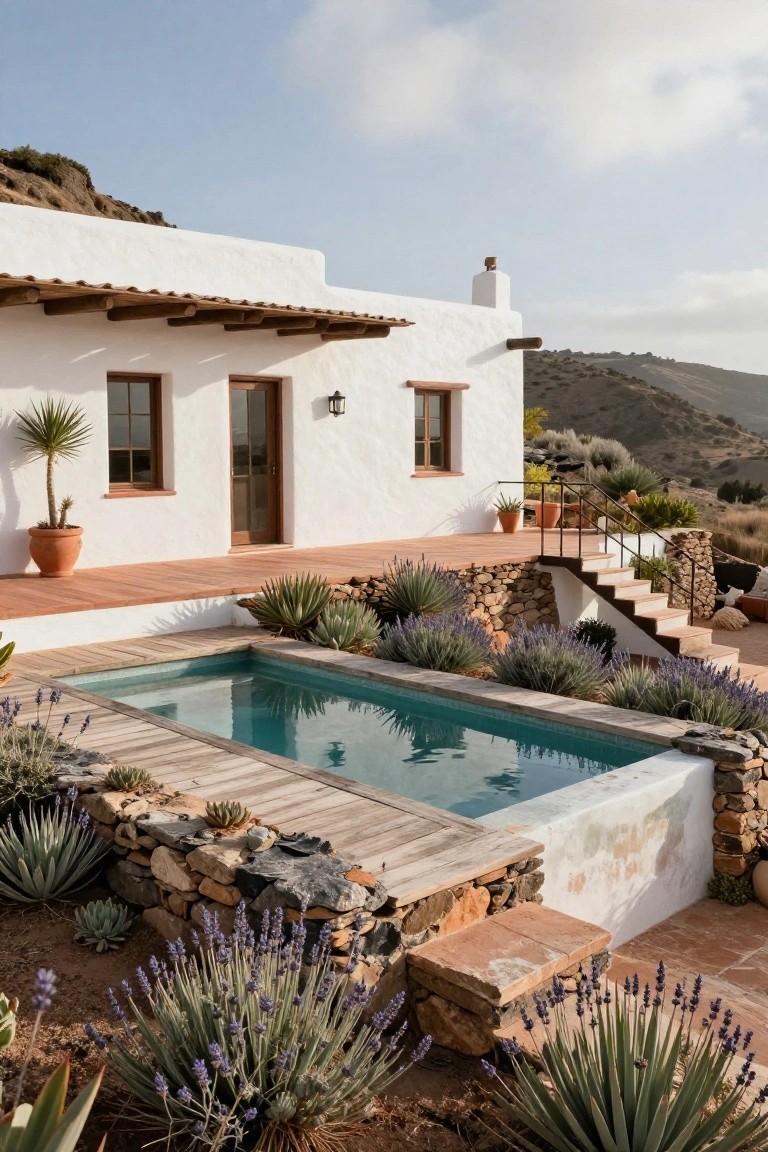 White stucco house with wooden door, windows, and terrace deck next to a small rectangular turquoise plunge pool edged in wood and stone, surrounded by succulents, lavender plants, and rocky desert hillside.