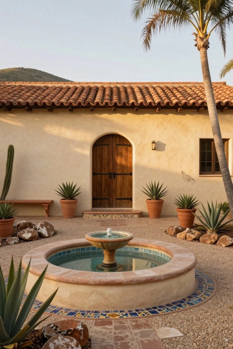 Beige stucco house exterior with terracotta tile roof, arched wooden door flanked by lantern, central round tiled fountain, potted agaves and cacti, gravel ground, palm tree, and hillside in background.