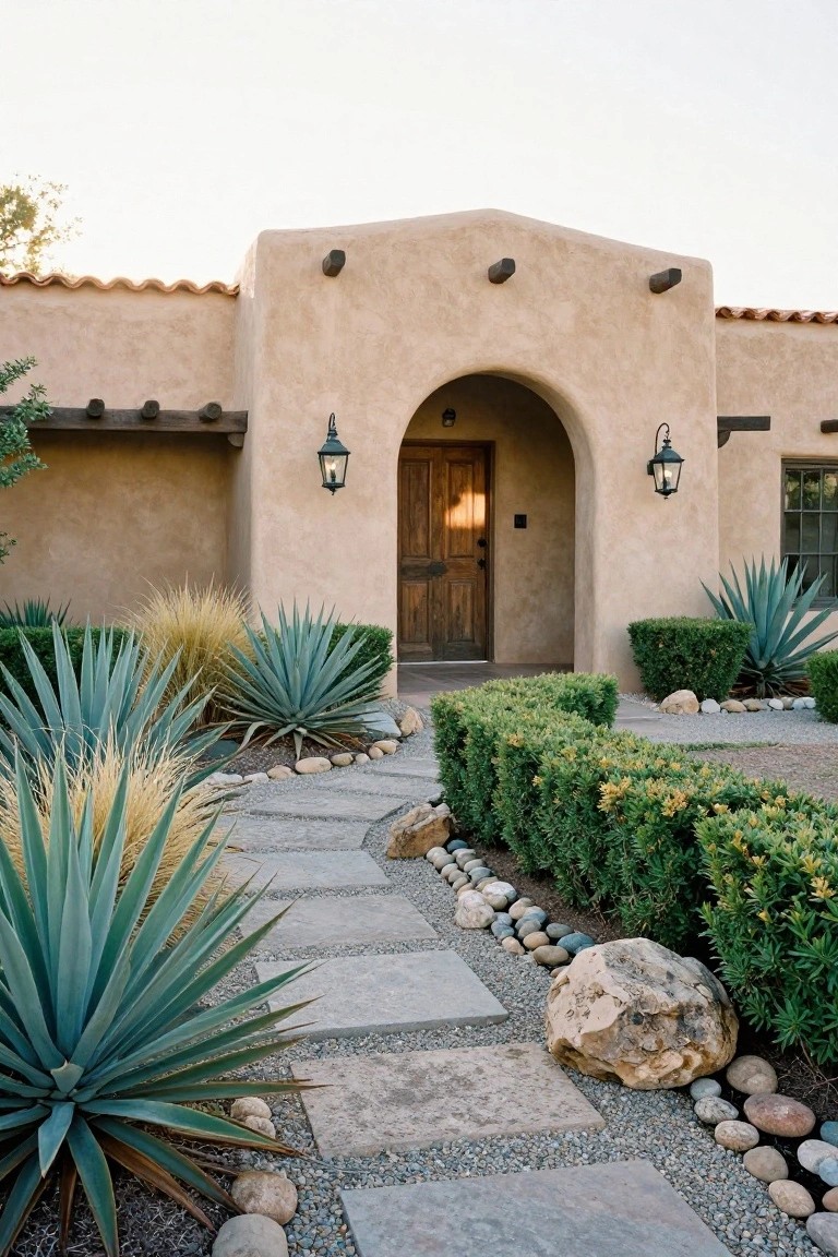 Beige adobe-style house facade with arched wooden front door and wall lanterns, approached by curved flagstone path lined with agave plants, fountain grass, boxwood hedges, gravel, pebbles, and boulders.