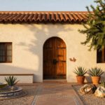 Beige stucco house exterior with terracotta tile roof, arched wooden door flanked by lantern, central round tiled fountain, potted agaves and cacti, gravel ground, palm tree, and hillside in background.