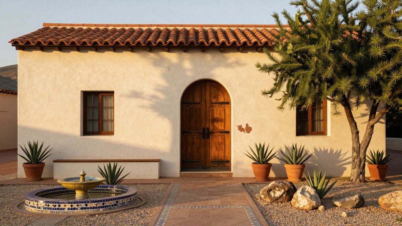 Beige stucco house exterior with terracotta tile roof, arched wooden door flanked by lantern, central round tiled fountain, potted agaves and cacti, gravel ground, palm tree, and hillside in background.