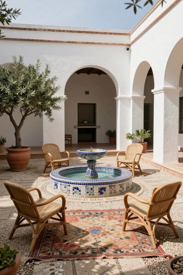 Mosaic fountain in a sunny courtyard with wicker chairs and rug.