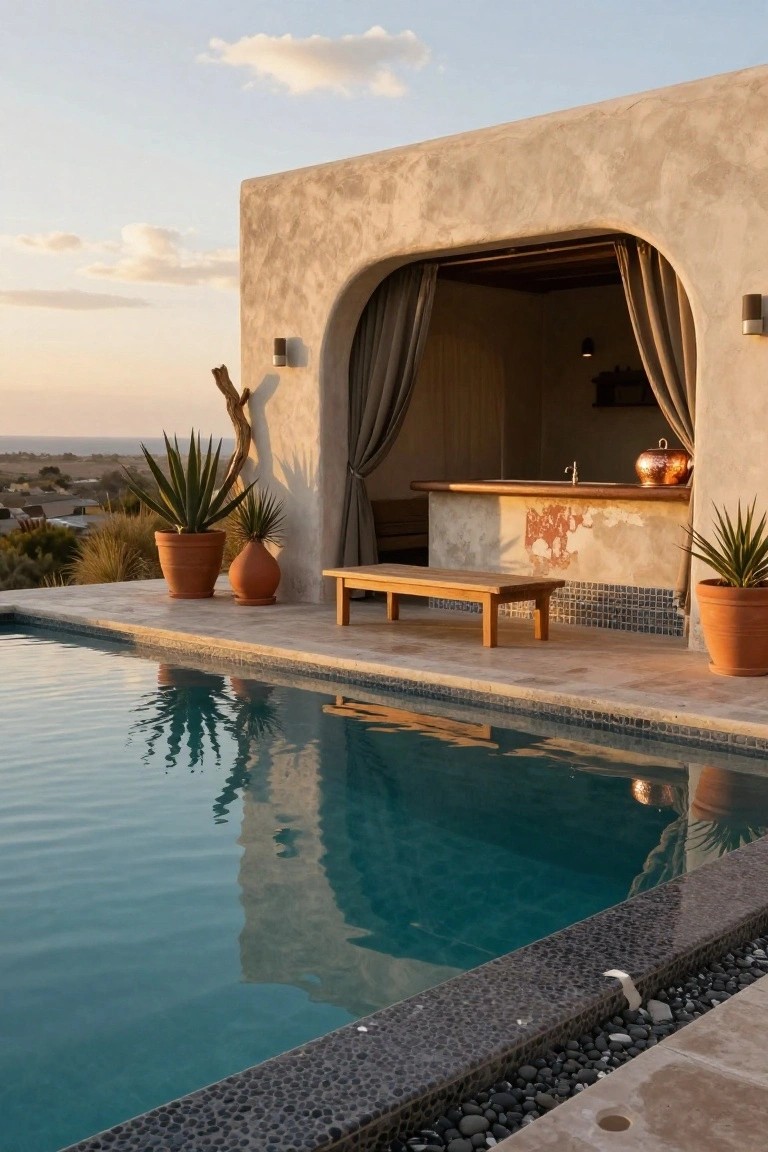 Outdoor pool deck with turquoise water edged in black pebbles, adjacent beige stucco wall featuring an arched opening to a bar counter with sink and copper pot, wooden bench, and potted agave plants at sunset.