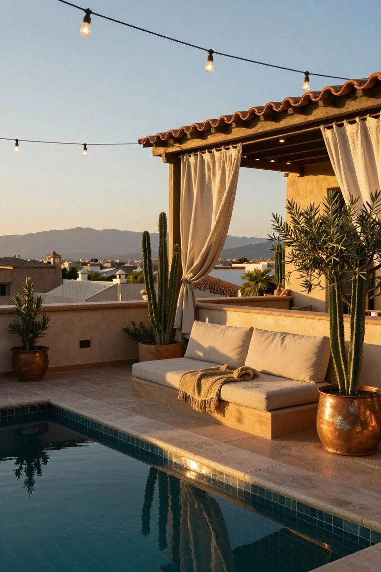 Rooftop terrace with turquoise plunge pool, low beige outdoor sofa with cushions and tan throw, potted cacti and olive trees in terracotta and copper pots, draped white curtains on wooden pergola structure, string lights overhead, and distant mountain view at sunset.