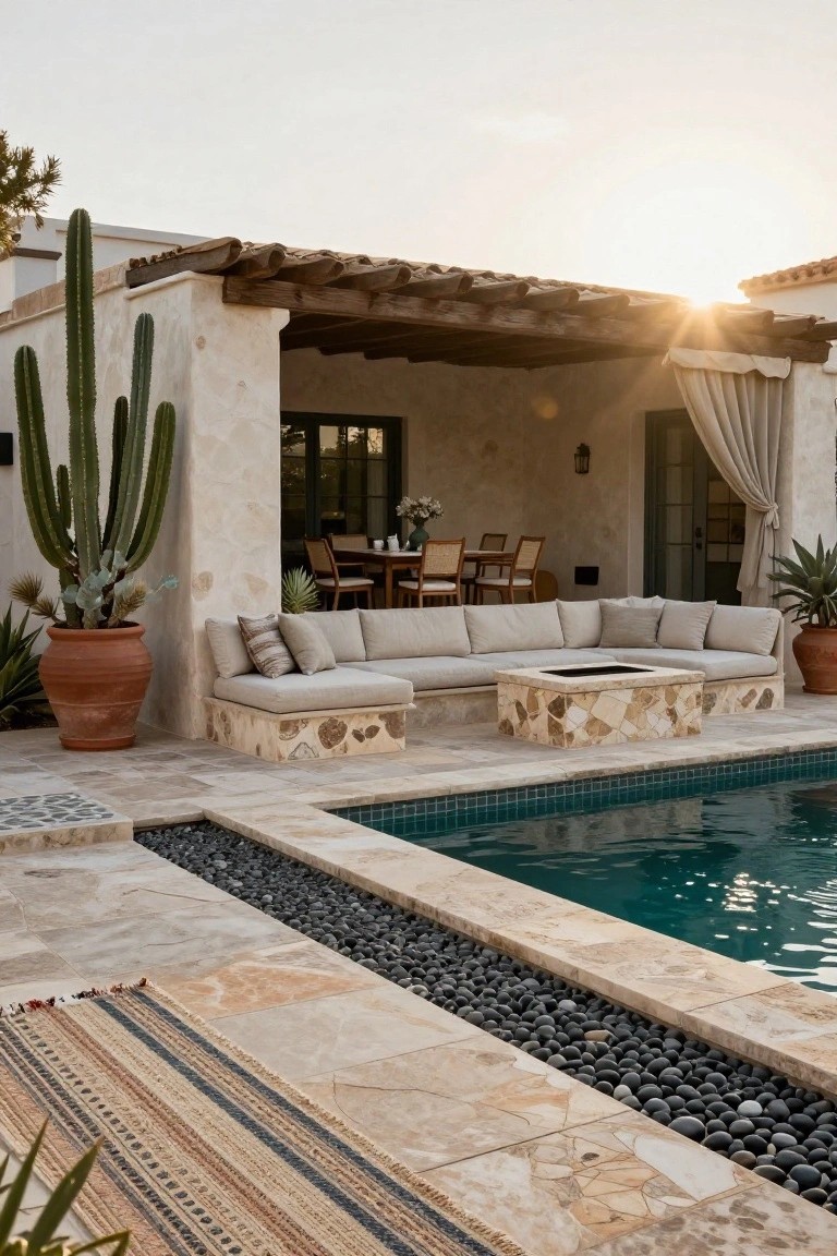 Beige L-shaped outdoor sofa with built-in stone fire pit table on travertine patio next to turquoise pool edged in black pebbles, flanked by large potted cacti and agave plants against white stucco wall with wooden beam pergola.