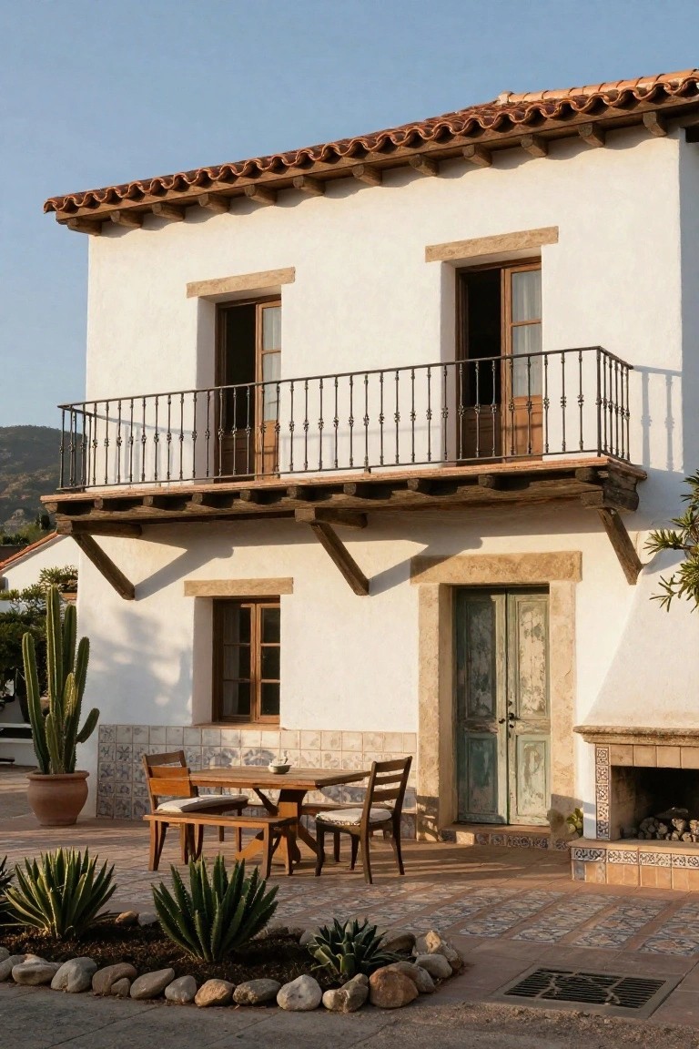 White stucco house with terracotta tile roof, exposed wooden beam balcony with wrought iron railing, turquoise entry door, built-in outdoor fireplace, wooden patio table and chairs, and desert plants including cacti and agaves in rock-edged beds.