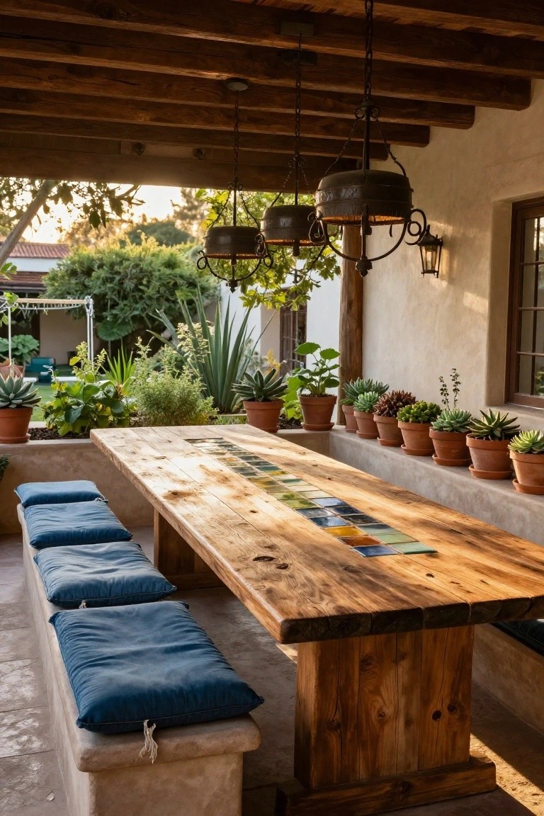 Covered outdoor patio featuring a long rectangular wooden dining table with colorful tile inlays, flanked by blue cushioned benches on stone bases, and a row of potted succulents along the adobe ledge under wooden beamed ceiling.