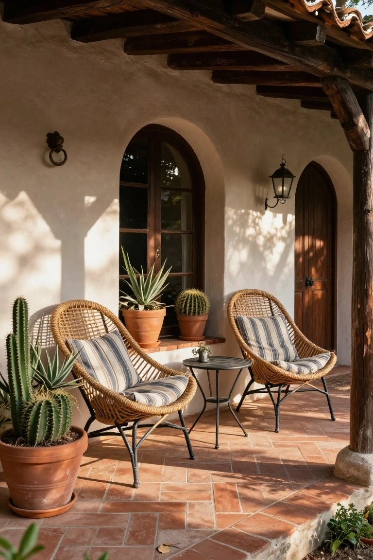 Shaded outdoor porch with two rattan armchairs featuring blue-and-white striped cushions around a small black metal table, large potted cacti and agave plants, white stucco walls with arched wooden doors and windows, exposed wooden beams, and terracotta tile flooring.