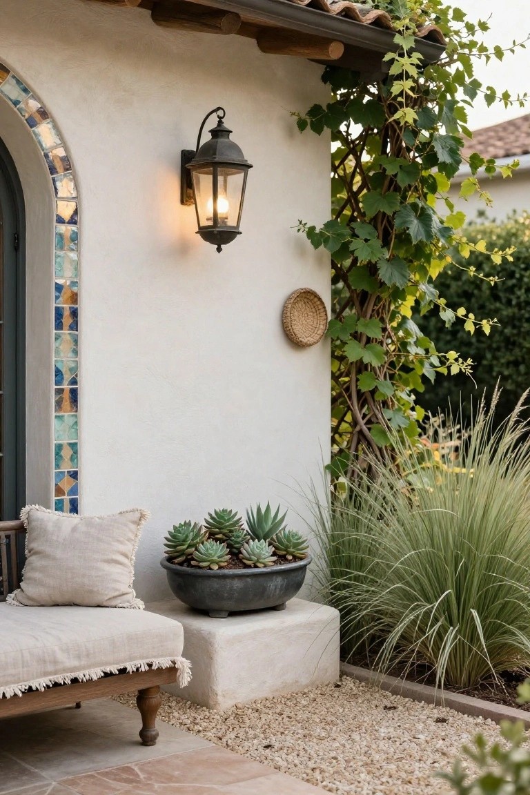 White stucco wall with blue and turquoise tiled arch around a dark green door, black metal lantern light, climbing vines, woven wall basket, potted succulents on stone pedestal next to cushioned bench on terracotta tile patio edged by gravel and ornamental grasses.