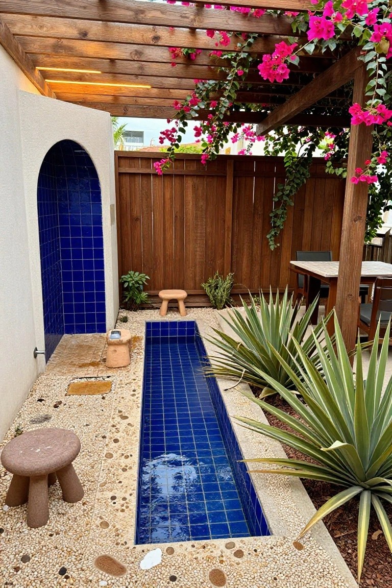 Outdoor patio area with a narrow rectangular blue-tiled plunge pool adjacent to a blue-tiled arched shower, terracotta stools, agave plants, wooden pergola covered in pink bougainvillea, dining table and chairs on pebble ground next to a wooden fence.