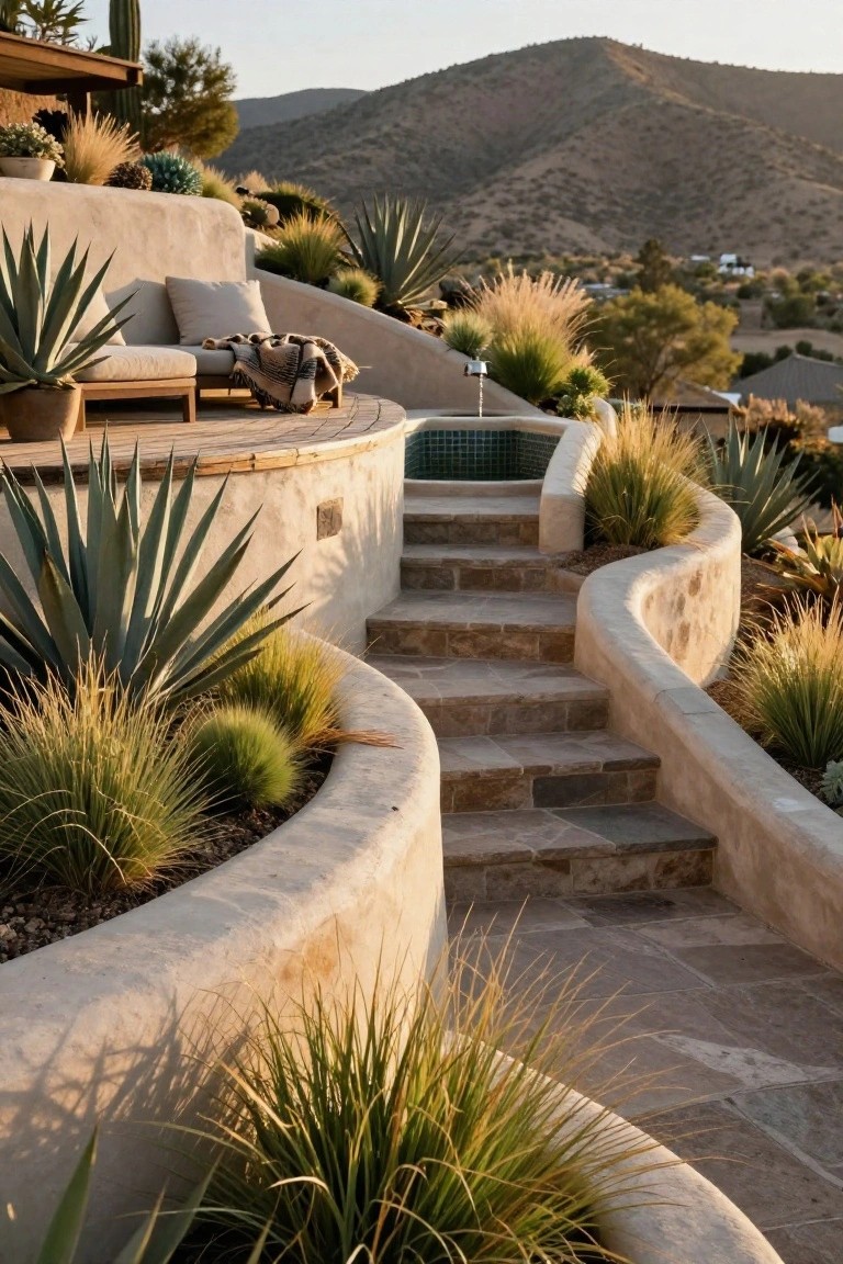 Desert hillside terrace with stone stairs, hot tub, curved walls, and succulents.