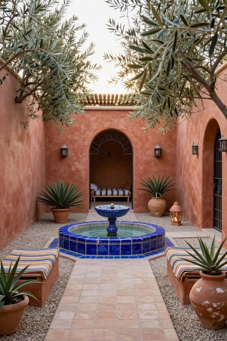 Terracotta-walled courtyard with central blue-tiled fountain, built-in cushioned benches on either side, potted agave plants, olive trees overhead, arched doorways, lanterns, and gravel paths.