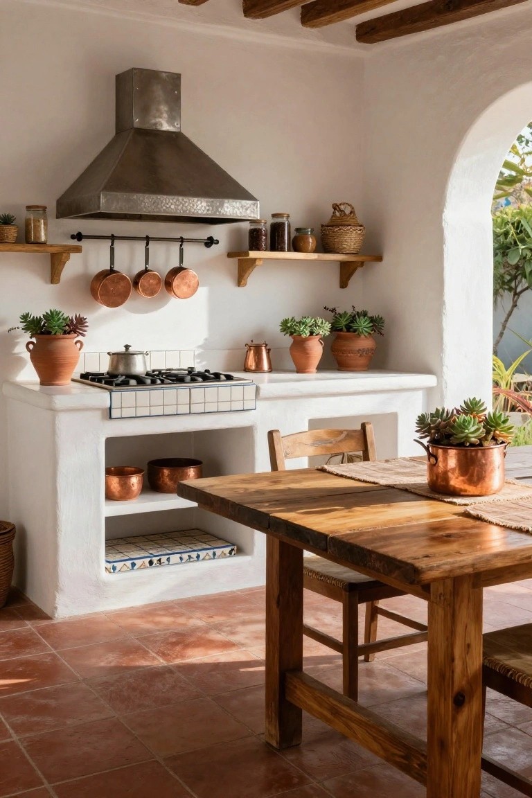 A rustic white stucco kitchen interior with built-in low counter and gas stove, hanging copper pots on wooden shelves above, open storage below counter holding copper bowls, wooden dining table with chairs, potted plants, and terracotta tile floor opening through an arch to an outdoor garden.