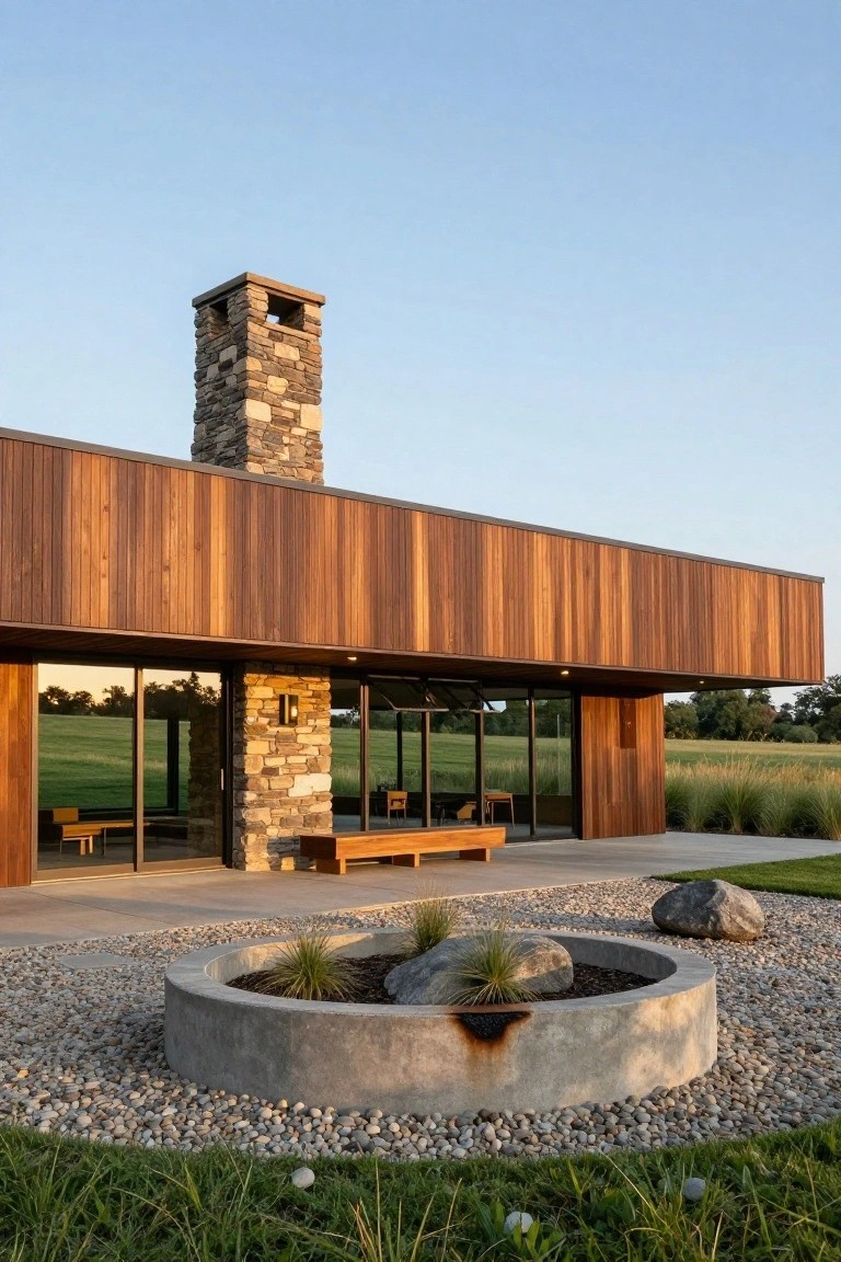 Modern house exterior with horizontal dark wood cladding, tall stacked stone chimney on flat roof, large glass walls, stone pillar, wooden bench on patio, gravel yard with circular concrete planter containing grasses and rocks, and grassy fields in background.