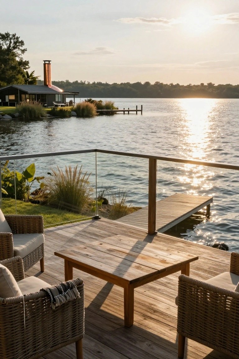 Wooden deck with two wicker chairs and a square table near glass panel railings overlooking a lake, adjacent dock extending into the water, ornamental grasses and plants along the edge, small dark house with copper chimney in the background at sunset.