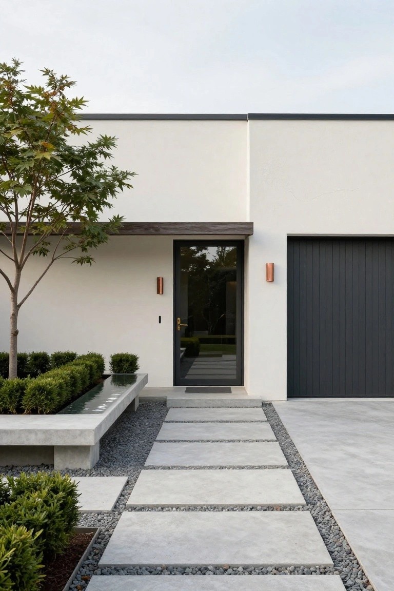 Modern house exterior with white stucco walls, black-framed glass front door with brass handle, black ribbed garage door, copper tube wall lights, linear concrete pathway with gravel edges leading to entry, boxwood shrubs, concrete bench with water feature, and small deciduous tree.