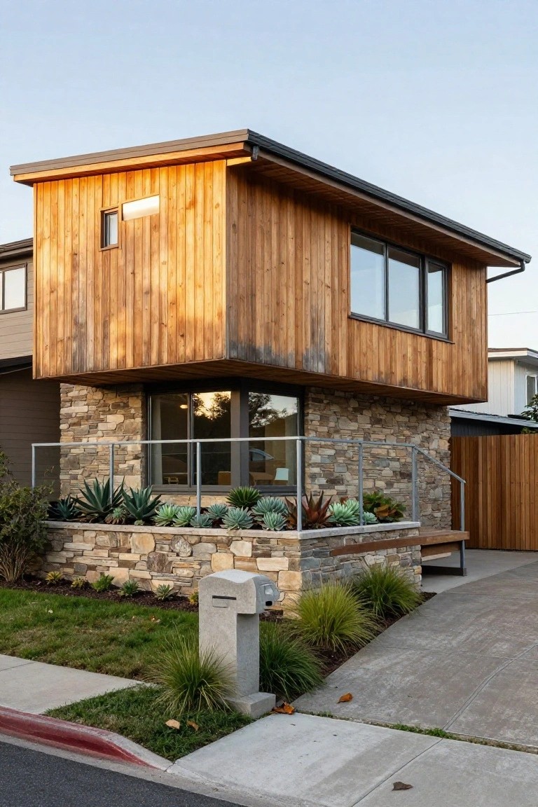 Modern two-level house with vertical wood siding on upper volume, gray stone base wall planted with agaves and succulents, metal staircase with glass balustrade leading to entry, wood side gate, concrete driveway, grassy side yard, and white mailbox.