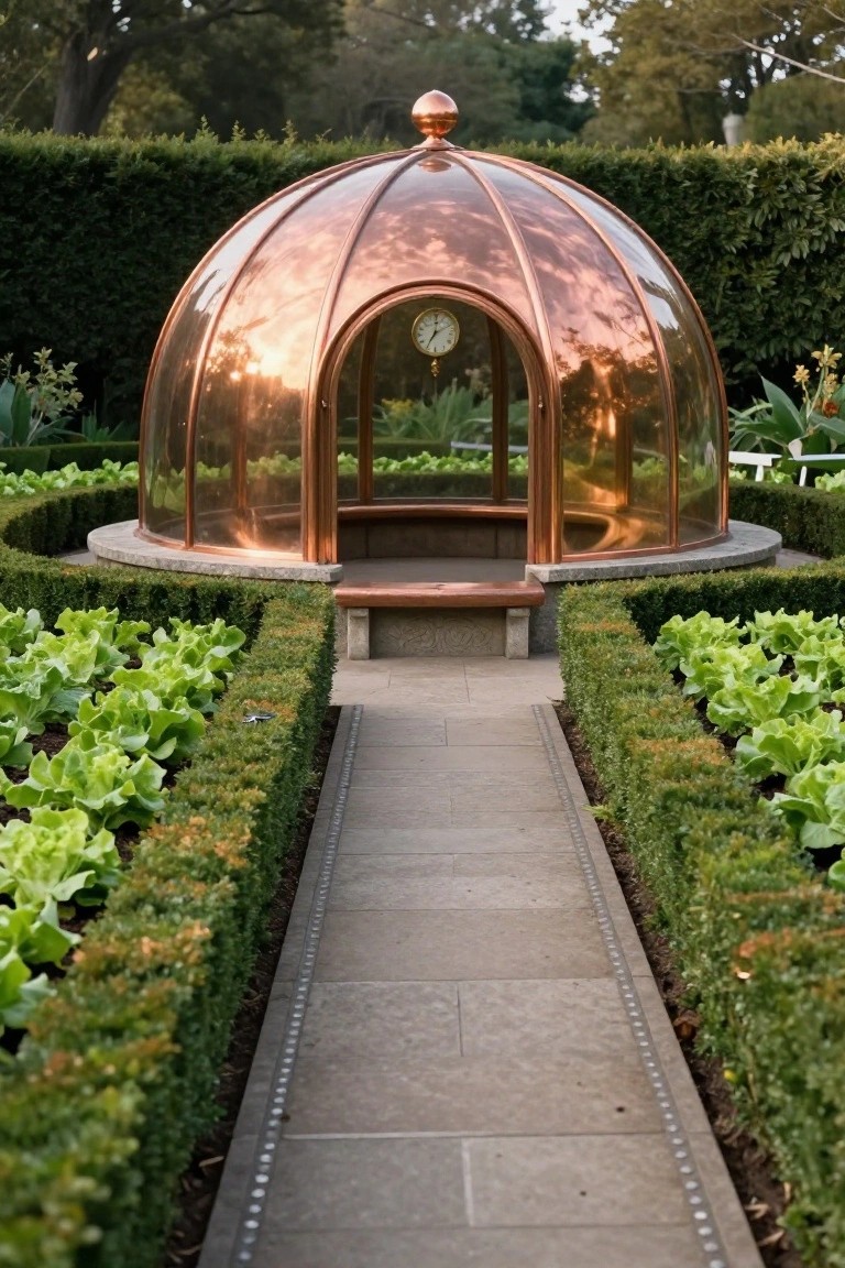 Copper dome greenhouse with embedded clock in a formal garden surrounded by raised lettuce beds, boxwood hedges, and a central stone pathway.