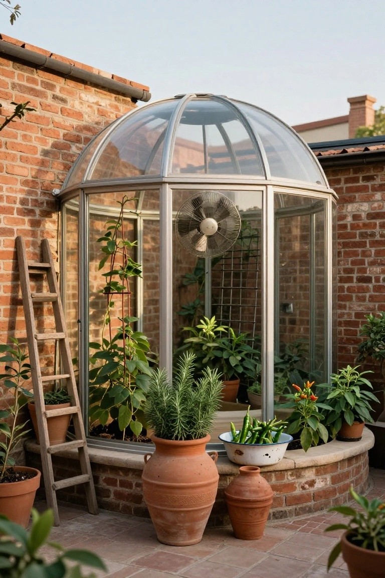 Curved glass dome greenhouse attached to brick exterior wall with plants, fan, and trellis inside, wooden ladder and terracotta pots outside on curved stone base and tiled patio.