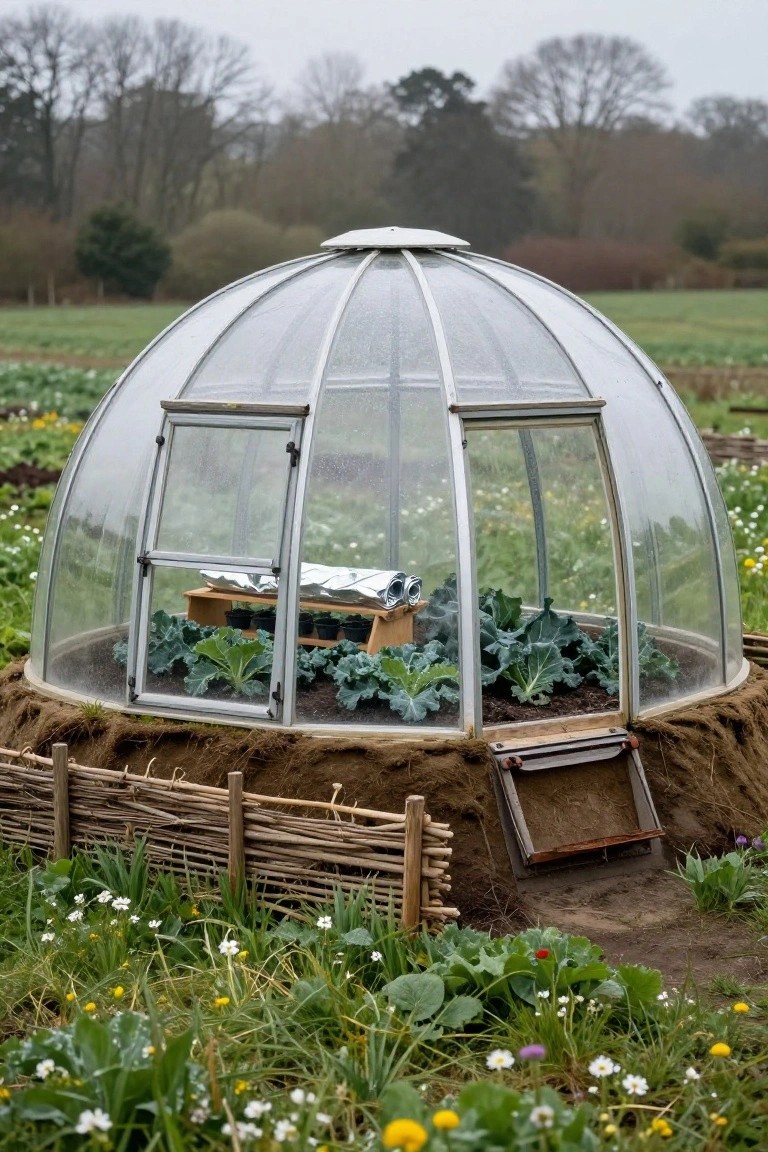A geodesic dome greenhouse constructed on a raised earth mound with kale plants inside on wooden trays, surrounded by a wicker fence and wildflowers in a grassy field under overcast skies.