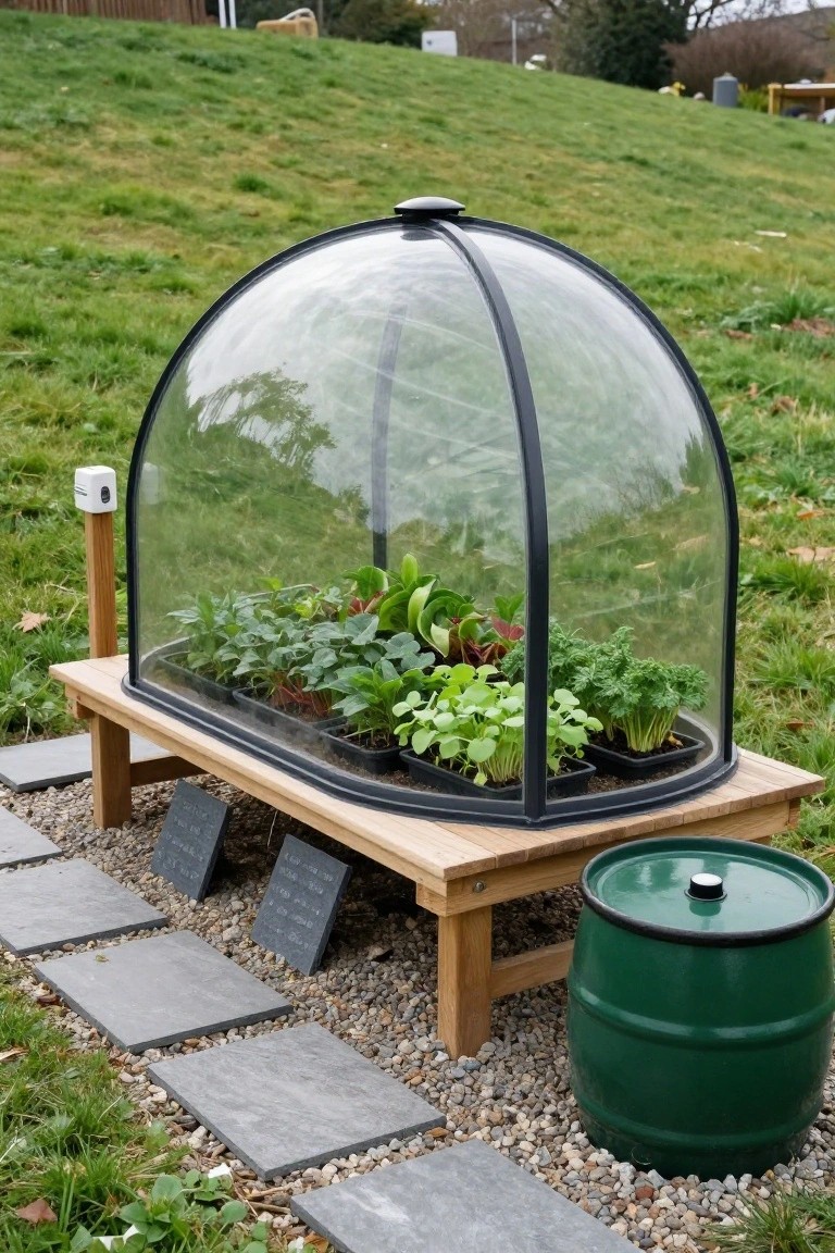 Transparent dome greenhouse with seedlings in black pots raised on a wooden bench platform in a grassy garden beside a stone path, gravel, and green plastic barrel.