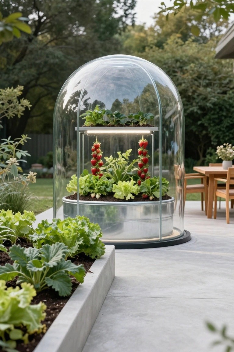 Transparent dome greenhouse on a concrete patio containing strawberry plants, lettuce, and other greens with LED grow lights, galvanized metal base, surrounded by raised garden beds and wooden outdoor dining table with chairs.