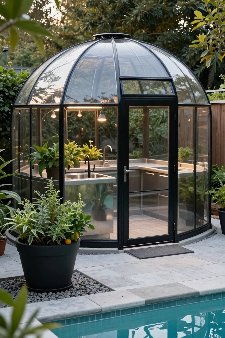 Curved glass dome greenhouse with black metal frame, interior kitchen counter, sink, and potted plants, on a paved patio beside a swimming pool surrounded by greenery and potted plants.