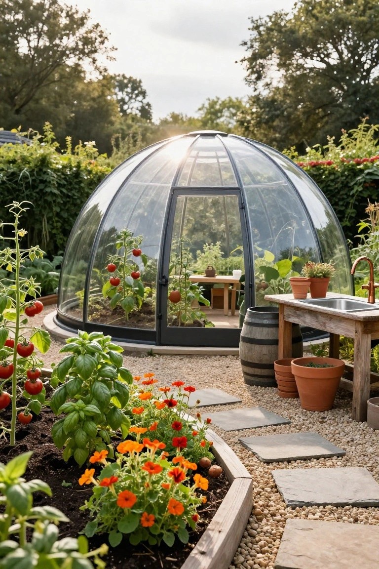 Transparent geodesic dome greenhouse in a backyard garden surrounded by tomato plants, basil, marigold flowers, gravel paths, and a wooden outdoor sink table with barrels and terracotta pots nearby.