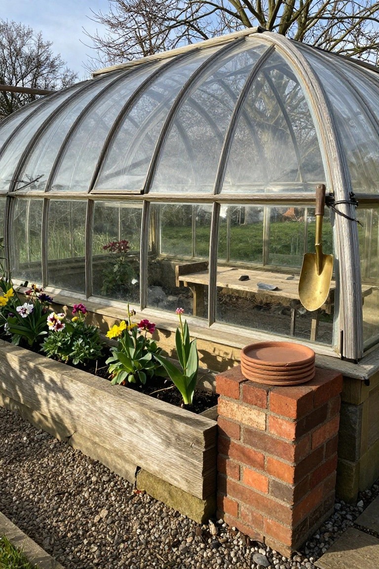 Dome-shaped greenhouse with arched glass roof and paneled sides on a wooden base, fronted by a wooden raised planter bed filled with colorful flowers including pansies and tulips, a stack of terracotta pots on a brick pedestal beside it, and a brass trowel hanging from the frame on gravel ground.