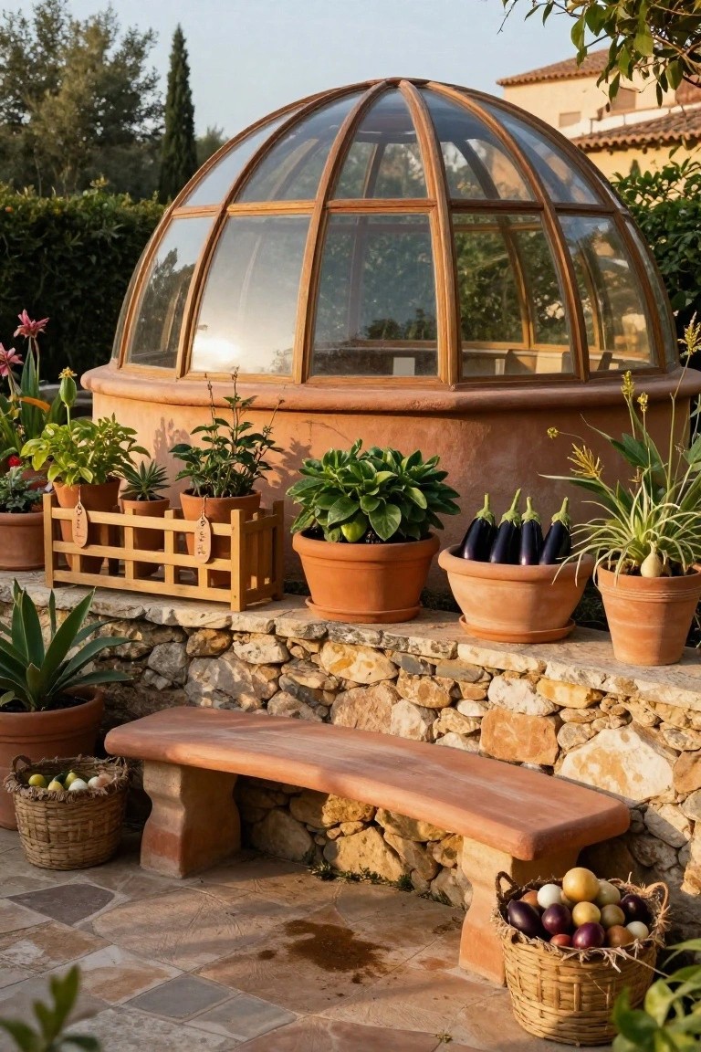 Wooden-framed glass dome greenhouse with curved terracotta base against a stone wall, surrounded by terracotta pots of plants and eggplant, a bench, and woven baskets of vegetables and fruits.