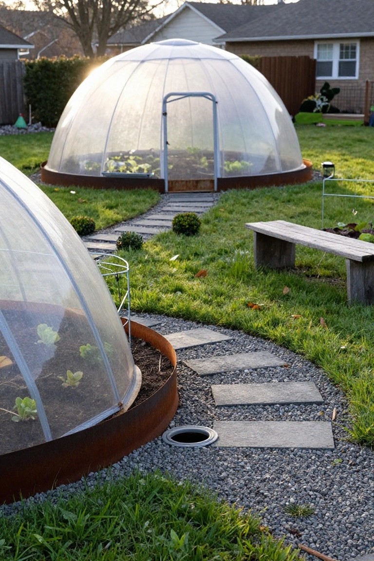Two transparent geodesic dome greenhouses on circular raised beds with corten steel edging in a grassy backyard, connected by a curving gravel path lined with stone pavers and a wooden bench nearby.