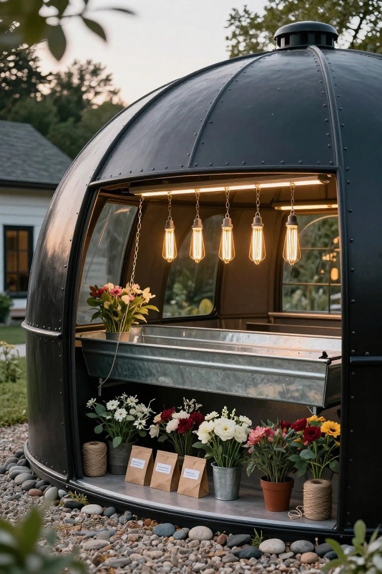 Black dome-shaped metal greenhouse trailer outdoors on gravel ground, featuring an open window with hanging Edison bulb lights, a large galvanized metal trough holding flowers, and potted plants on a lower shelf.