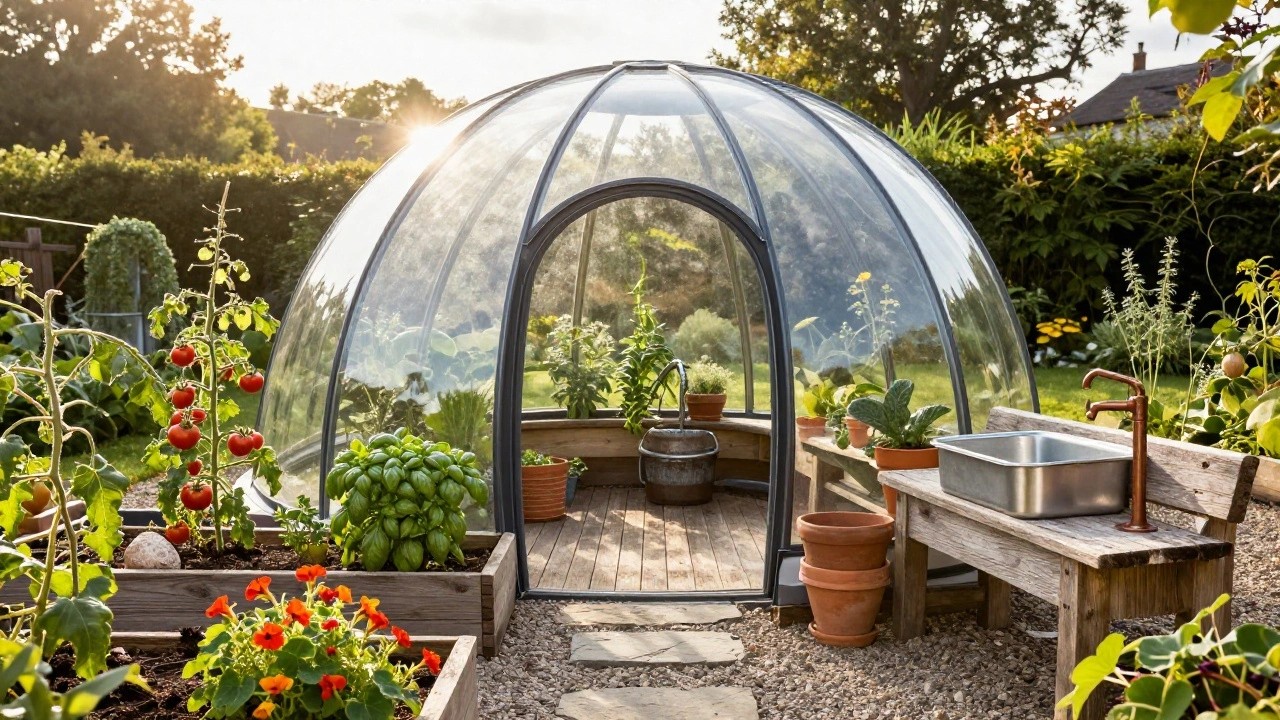 Transparent geodesic dome greenhouse in a backyard garden surrounded by tomato plants, basil, marigold flowers, gravel paths, and a wooden outdoor sink table with barrels and terracotta pots nearby.