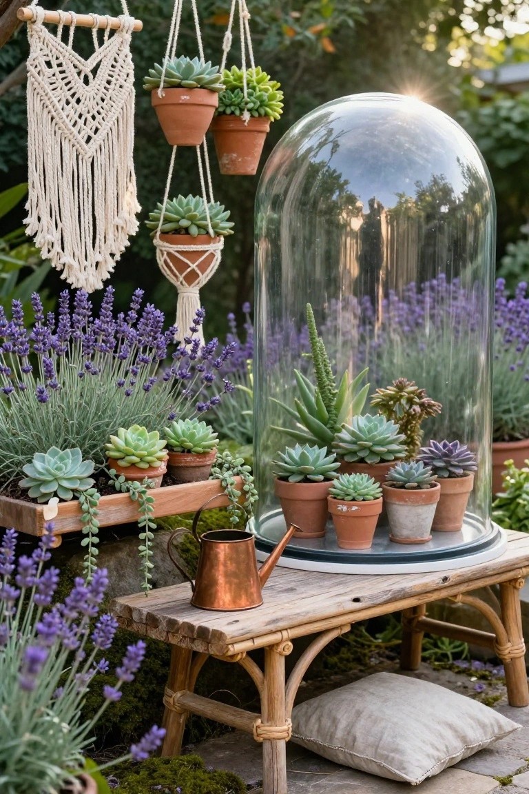 Large clear glass dome enclosing potted succulents, aloe, and other plants on a wooden bench in an outdoor garden with lavender bushes, hanging macrame planters, and a copper watering can nearby.