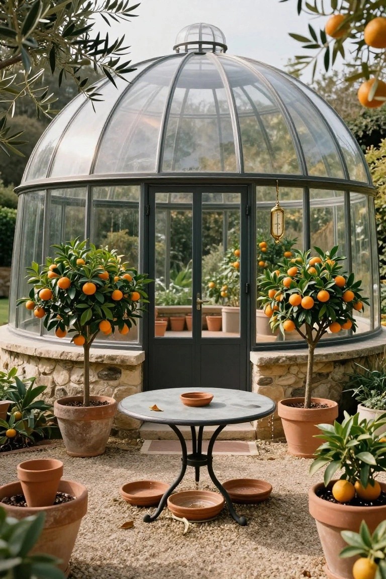 Curved glass dome greenhouse with black double doors on a stone base, flanked by two potted dwarf orange trees with ripe fruit, a small round metal table with terracotta pots and saucers on gravel ground, olive branches and additional potted plants nearby.
