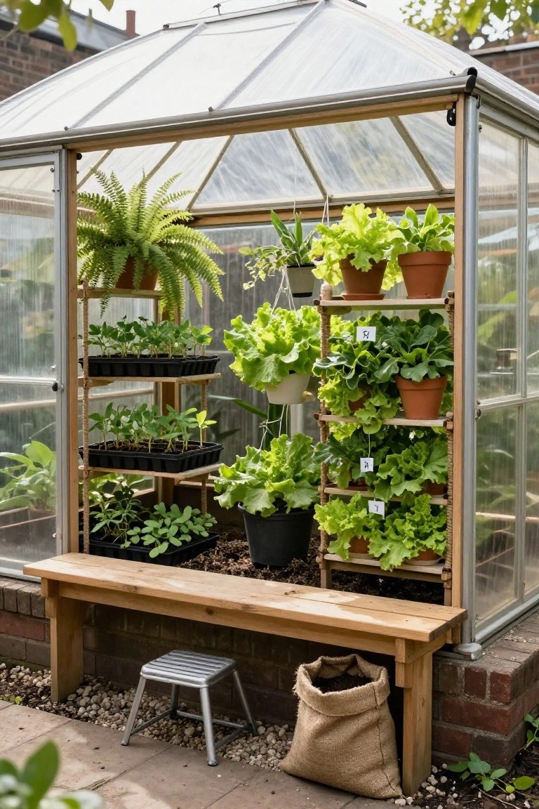 Wooden multi-tiered shelving unit inside a glass greenhouse filled with potted plants, seedlings in black trays, hanging pots, a wooden bench, metal step stool, and burlap sack of soil.