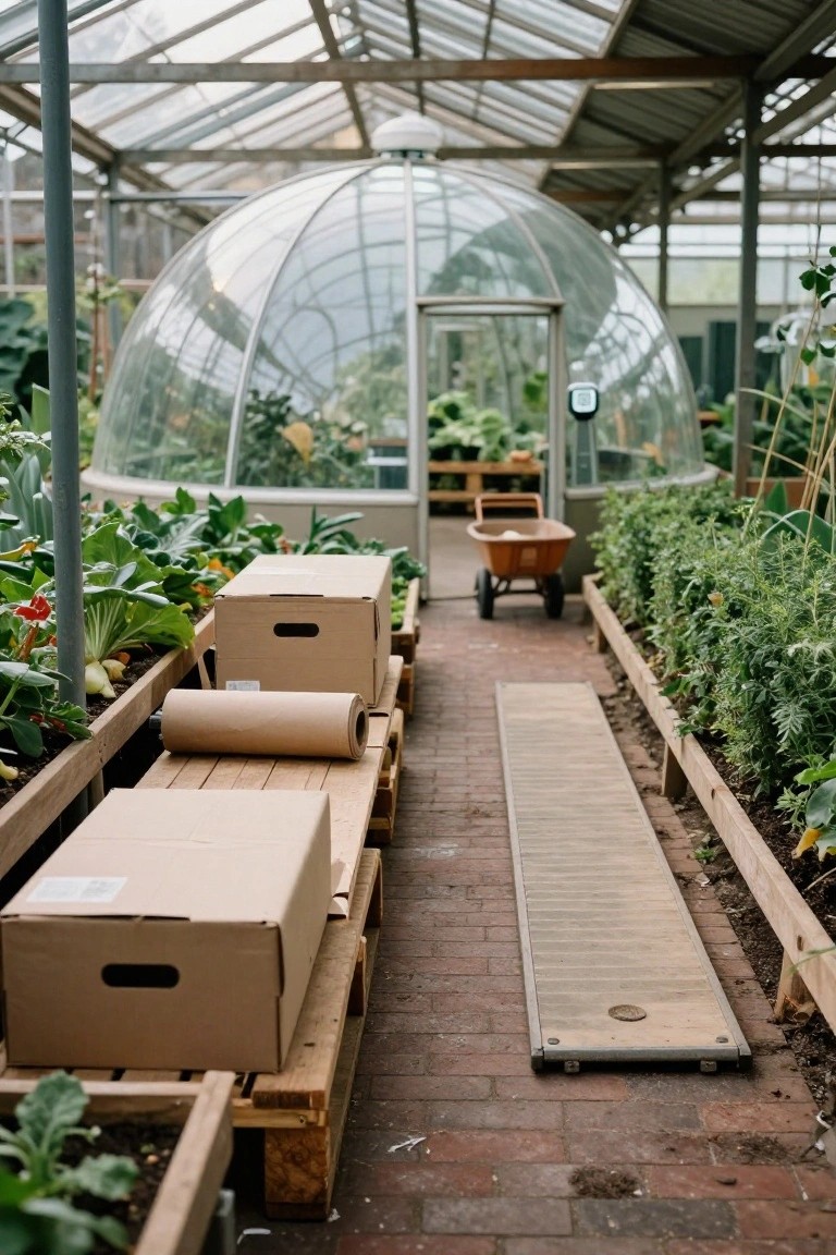 Wooden pallets stacked as raised planting beds with soil, plants, cardboard boxes, and a paper roll along a brick path in a greenhouse, with a dome greenhouse structure ahead and a wheelbarrow nearby.