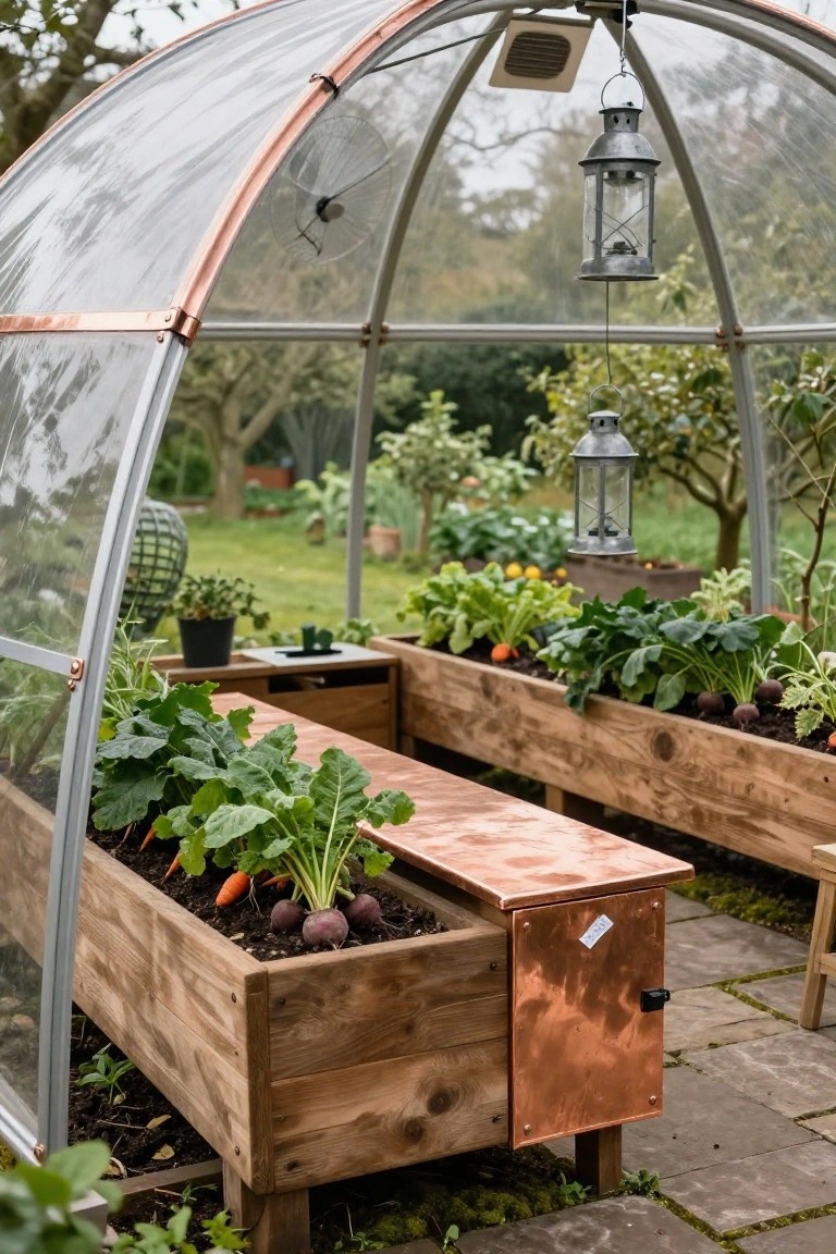 Dome greenhouse with wooden raised planting beds growing vegetables like beets and carrots, integrated copper workbench with storage door, hanging lanterns, fan, and surrounding plants and garden.