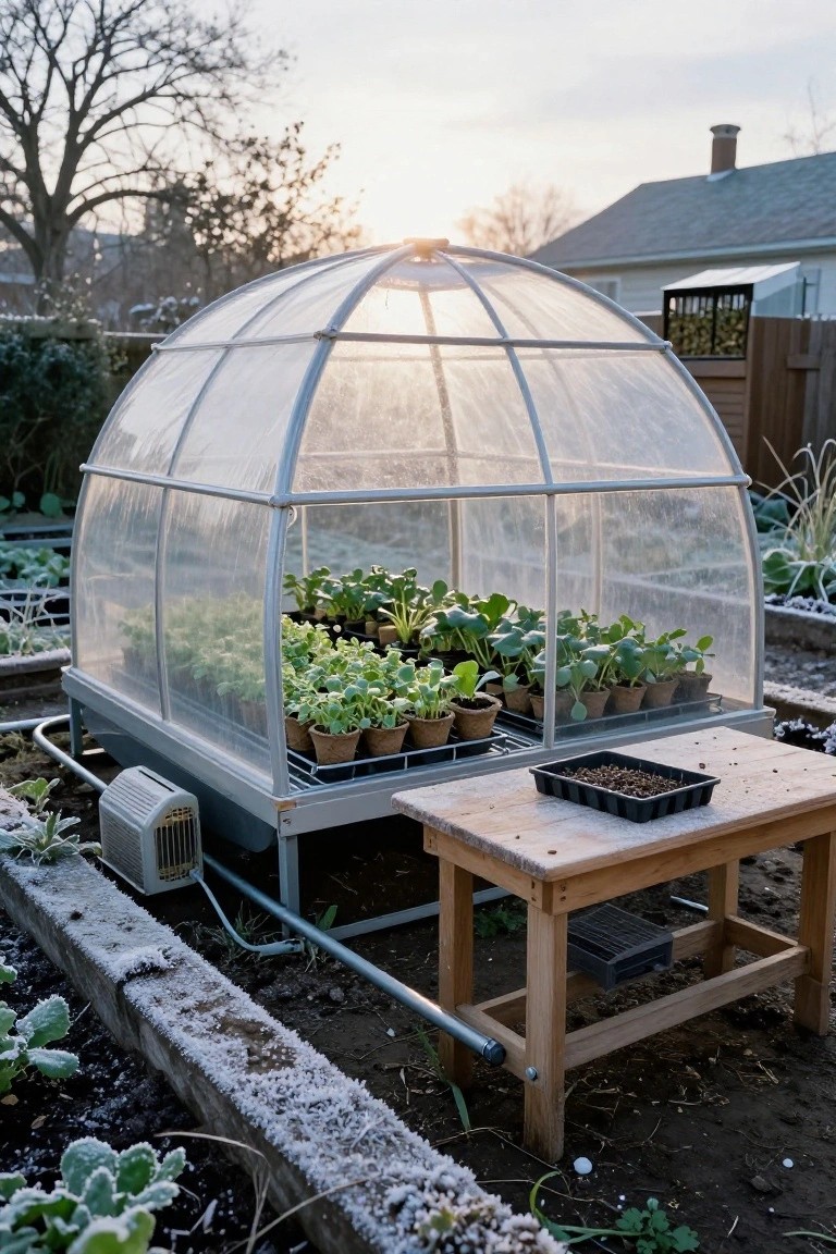 Small geodesic dome greenhouse on a raised metal platform in a frosty backyard, filled with seedling trays, next to a wooden workbench with a black seed tray, heater unit attached to the base.
