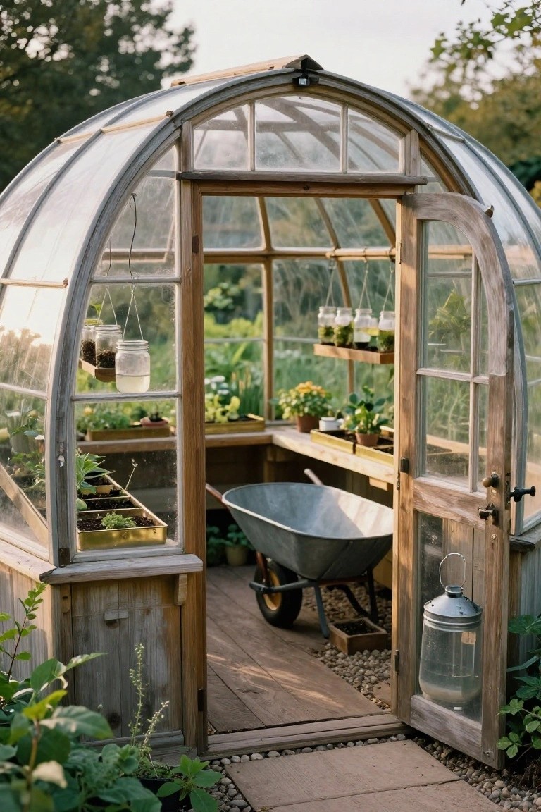 A dome-shaped greenhouse with a wooden frame and glass panels, featuring an open paneled door, hanging mason jar planters, interior wheelbarrow, potted plants, and surrounding gravel path with greenery.