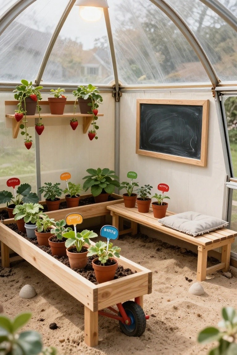 Dome-shaped greenhouse interior featuring wooden raised planters with potted plants and herbs, adjacent wooden benches with gray cushions, a sand floor with stones, hanging strawberry baskets on shelves, a chalkboard on the wall, and a small red-wheeled wheelbarrow in the corner.