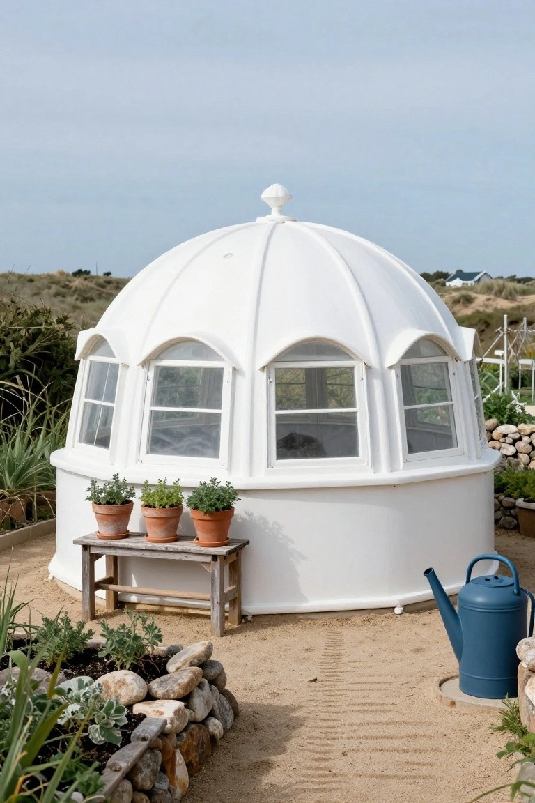 White curved dome greenhouse with multiple arched glass windows in a sandy dune garden, surrounded by rock-bordered plant beds, potted herbs on a wooden bench, and a blue watering can.